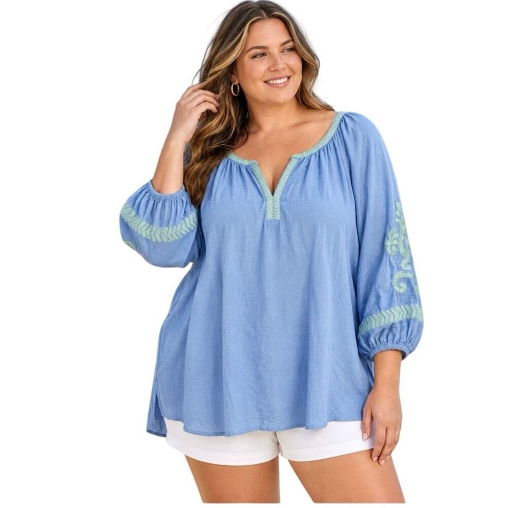 J.Jill 2X Blue Linen Embroidered Peasant Tunic Blouse Boho Balloon Sleeve